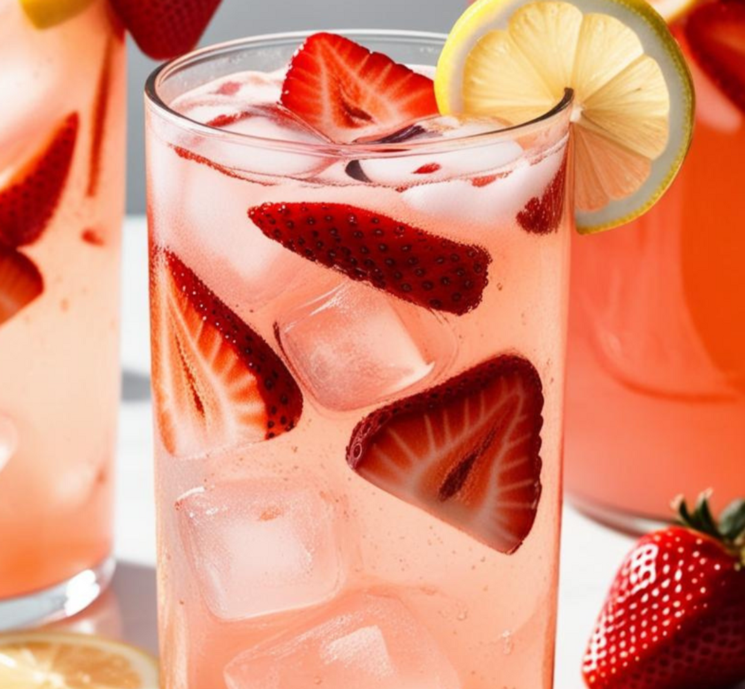 Jordgubbslimonad i ett glas, dekorerad med jordgubbar och citronskivor.