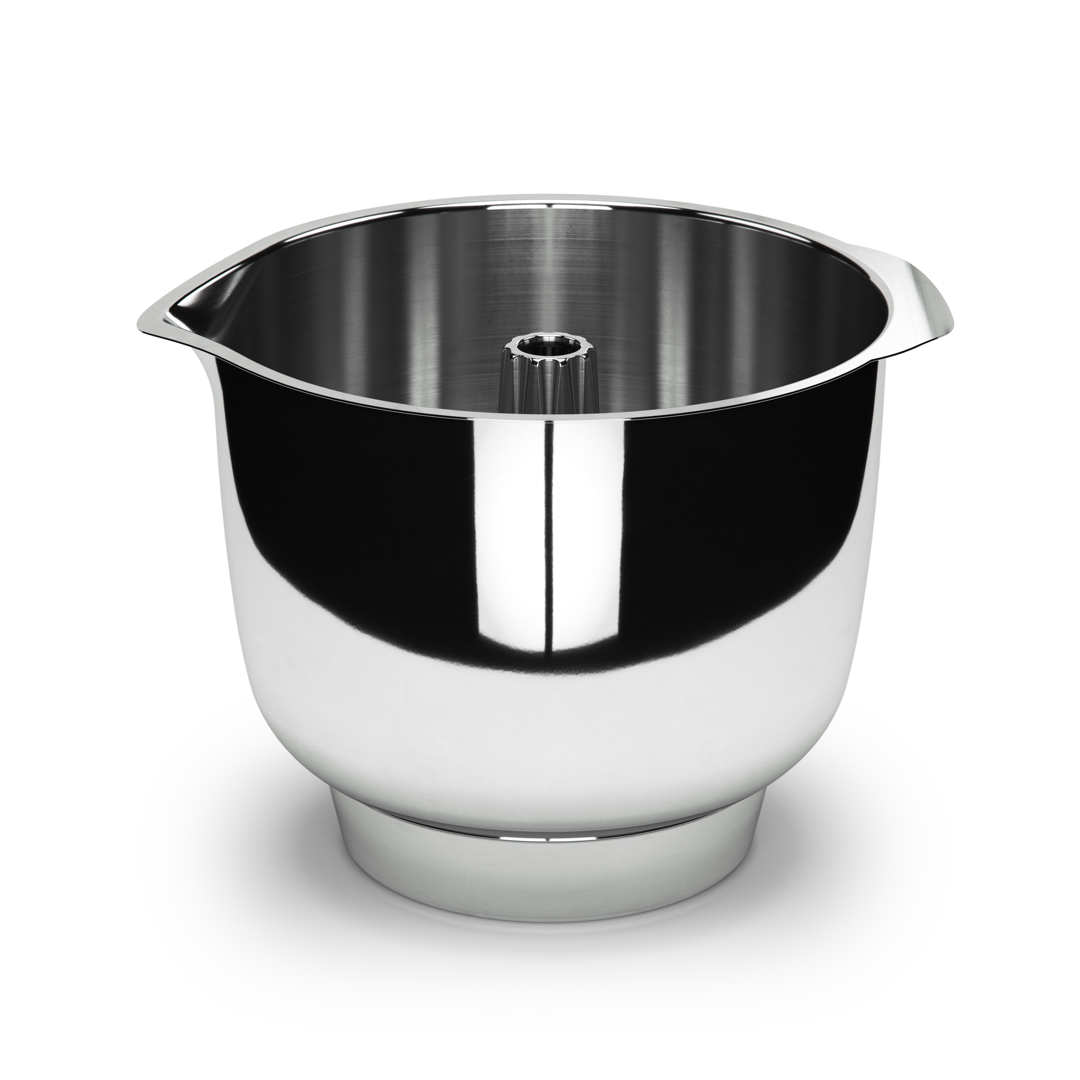 A stainless steel bowl with a white background.