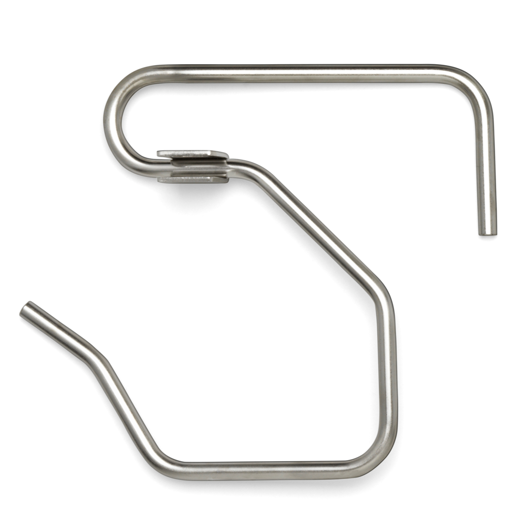 A metal dough hook on a white background.