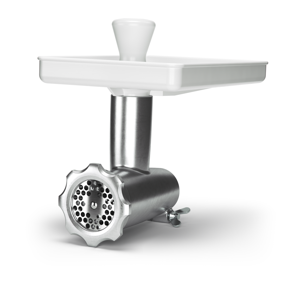 A silver mincer on a white background.