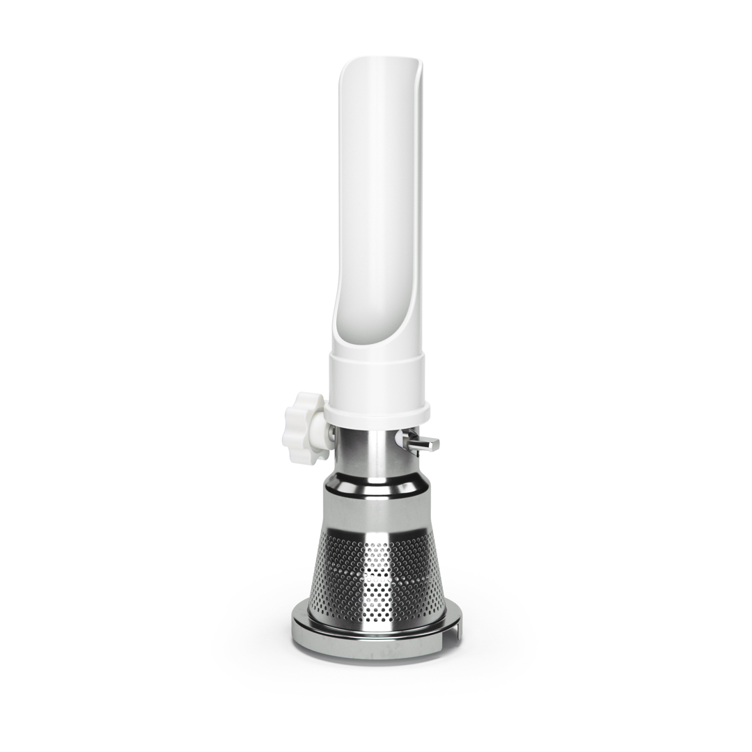 A close up of a strainer on a white background.