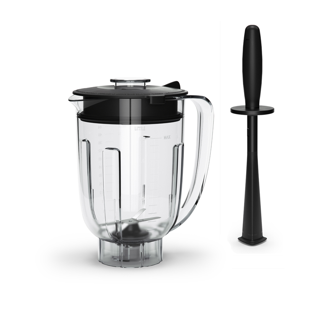 A blender sitting next to a black mixing stick.