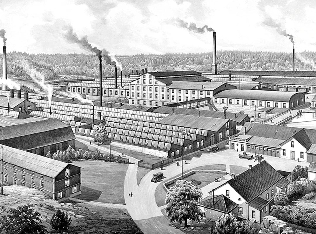 Historic illustration of the Ankarsrum industrial works, showing factory buildings, smoking chimneys and workers’ facilities surrounded by the Swedish countryside.