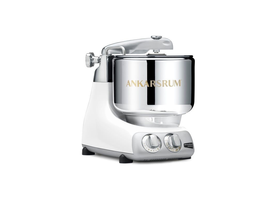 An Ankarsrum Assistent Original in color Glossy White on a white background.