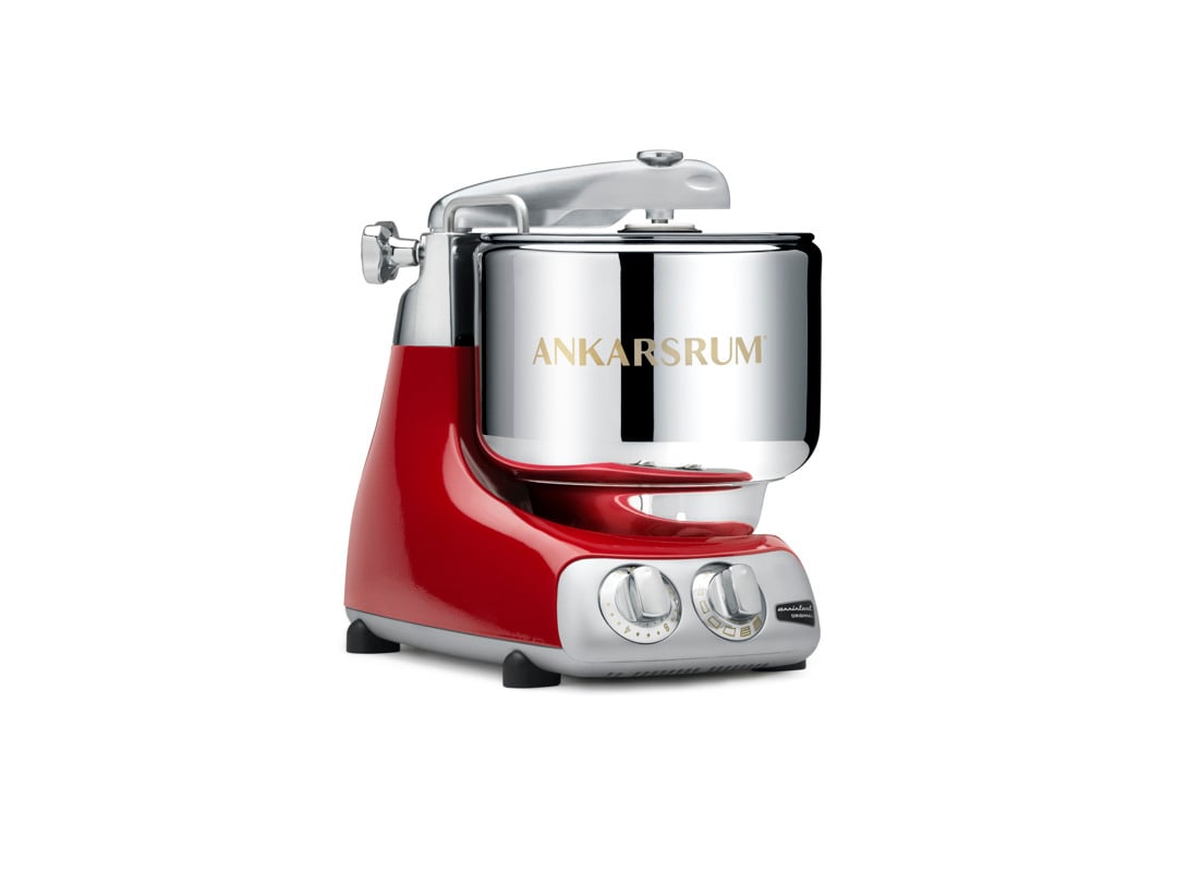 An Ankarsrum Assistent Original in color Red on a white background.