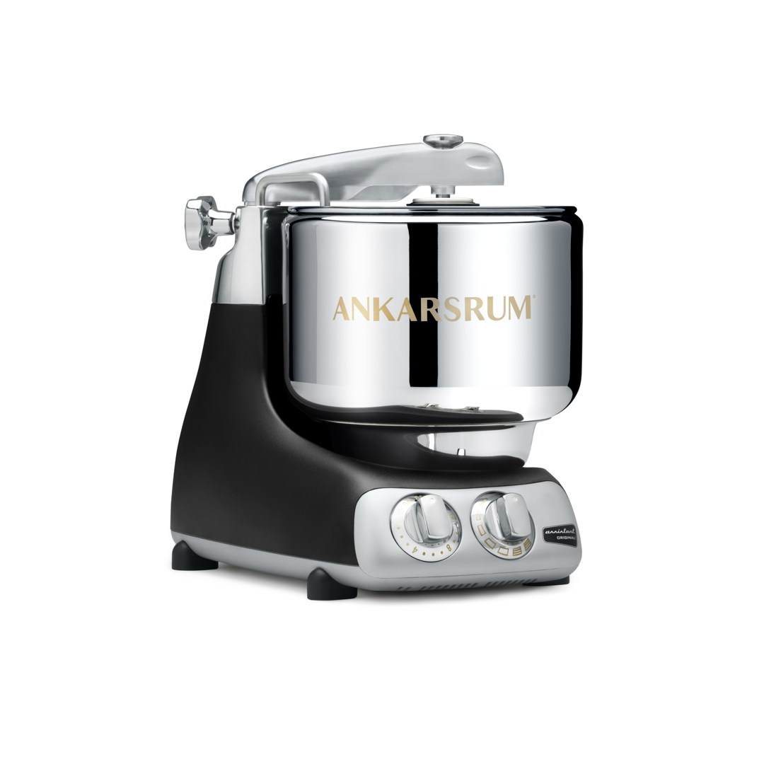 A silver and black stand mixer on a white background.