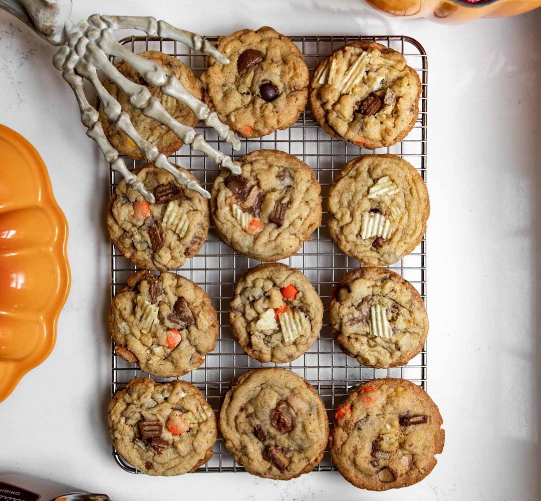A tray of cookies on a table.