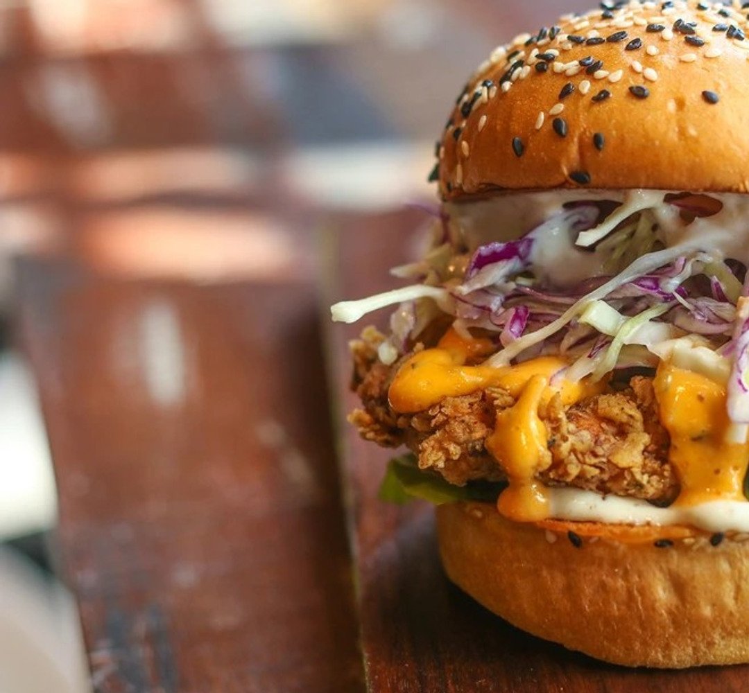A close up of a chicken burger.