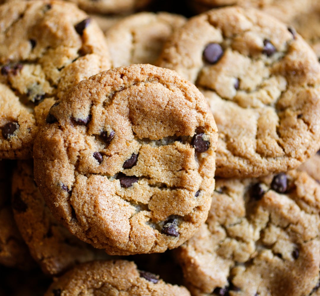 A pile of chocolate chip cookies.