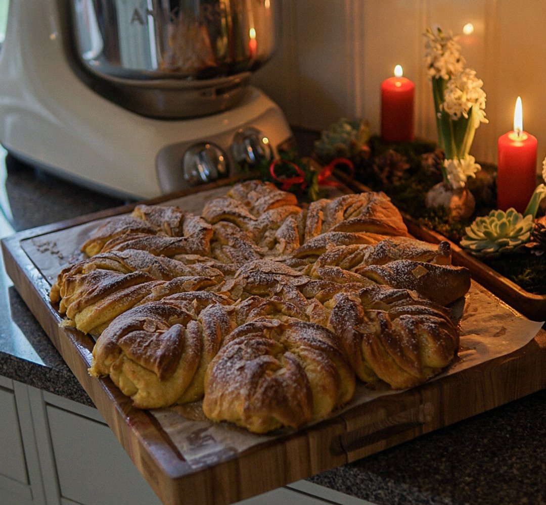 A wooden cutting board topped with a loaf of star bread with saffron.