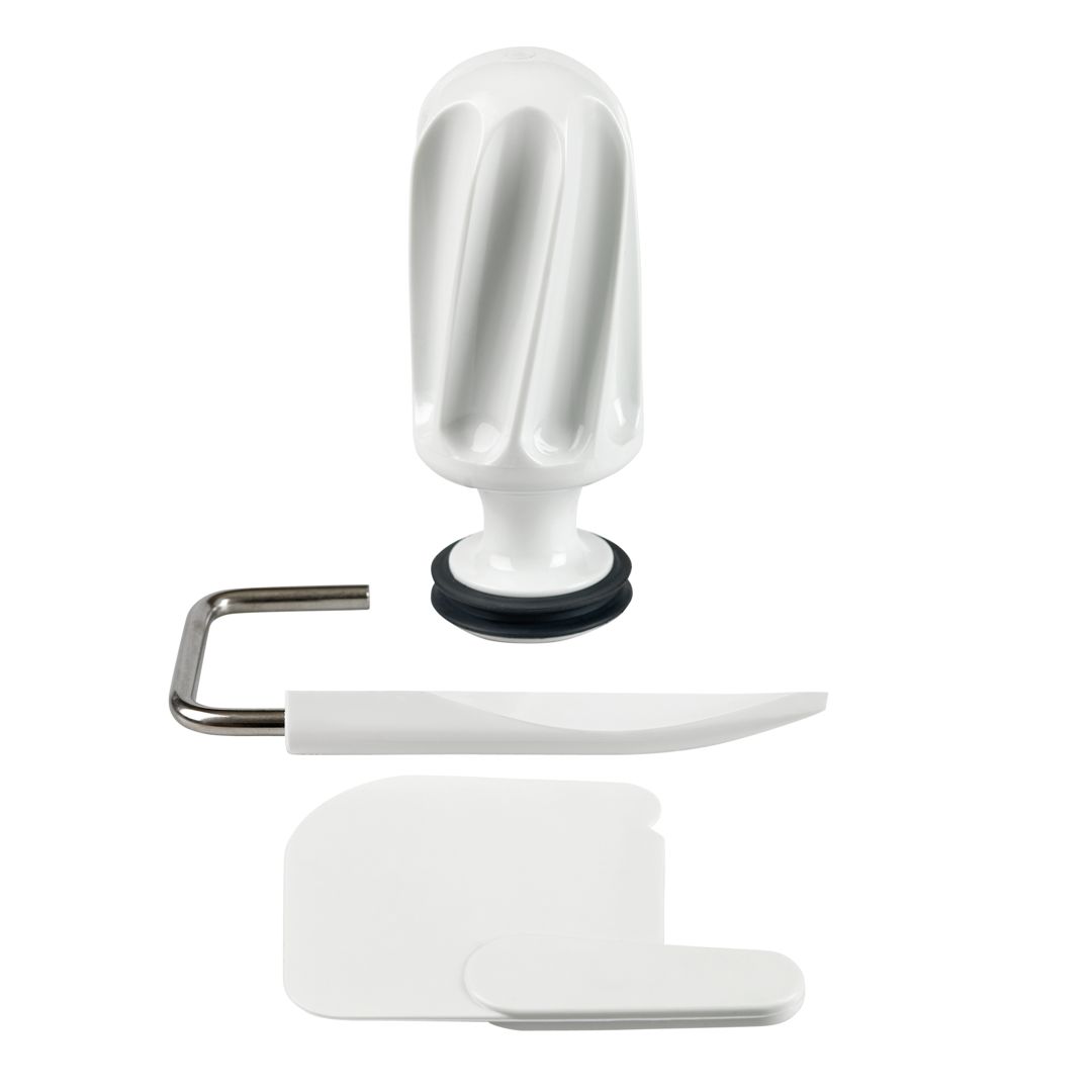 A dough roller, dough knif and spatula on a white background.