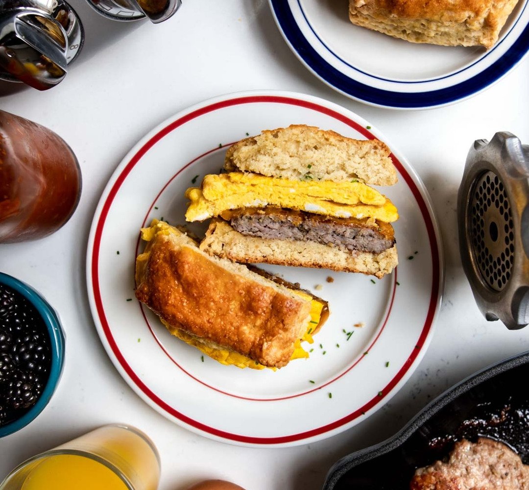 Plate with breakfast sandwich.
