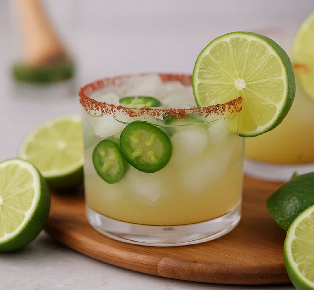 A spicy margarita in a glass. On a kitchen counter with a lime lying on its side.