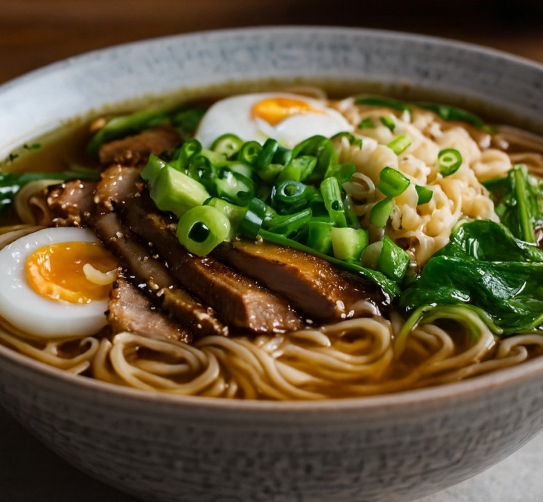 En skål ramen med nudlar, kött och grönsaker.