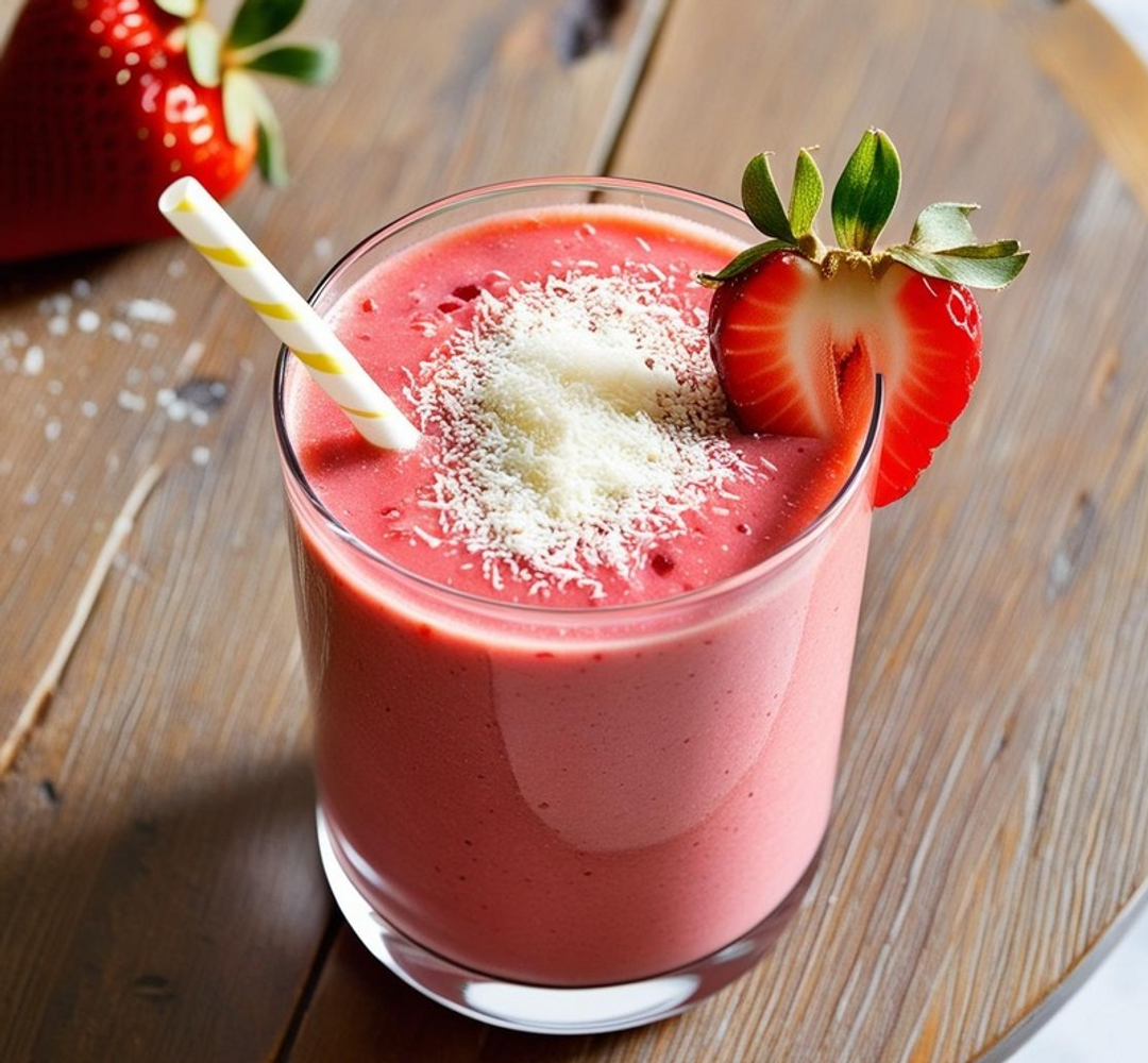 En smoothie med jordgubbar på ett träbord.
