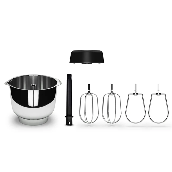 A photo of a stainless steel bowl and beater attachments on a white background.