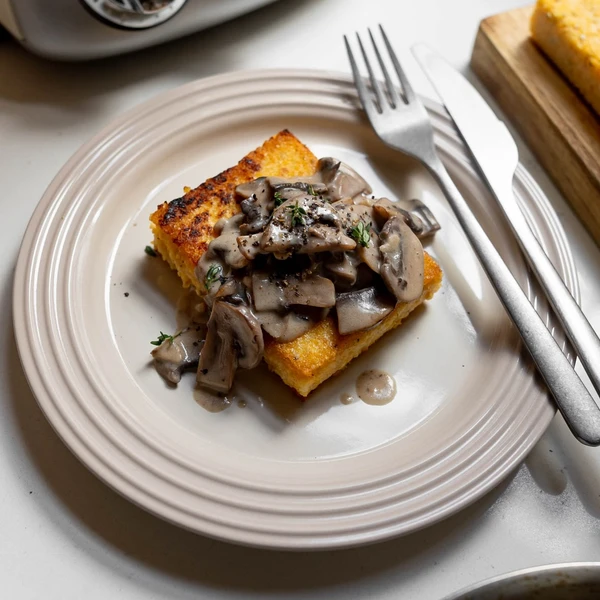 Crispy pan-fried polenta topped with creamy sautéed mushrooms and fresh thyme, served on a white ridged plate.