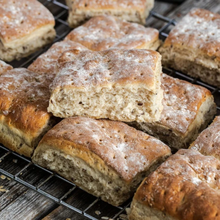 Freshly baked square whole grain rolls cooling on a wire rack, made with an Ankarsrum stand mixer.