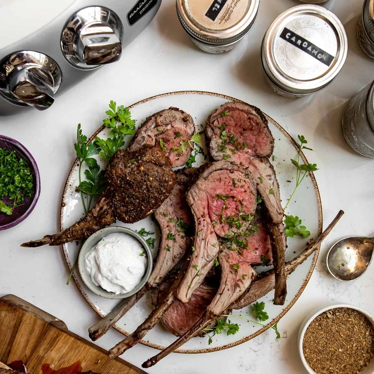 Rack of lamb chops on a rustic plate with yogurt dip, fresh herbs, and cardamom spice jar, styled with Ankarsrum stand mixer.