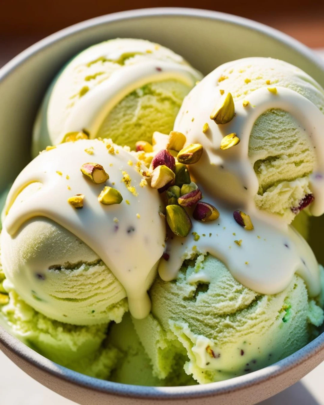 Pistachio ice cream scoops topped with white chocolate drizzle and crushed pistachios in a bowl, made with Ankarsrum mixer.