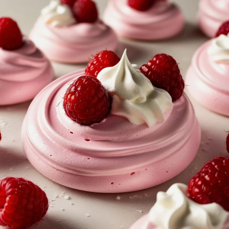 Sex ljusrosa marängbakelser toppade med vispad grädde och färska bär, vackert arrangerade på ett fat – inspirerade av färgen Cloudy Pink från Ankarsrum. Spröda utanpå, mjuka inuti och perfekt för vårens fikastunder.