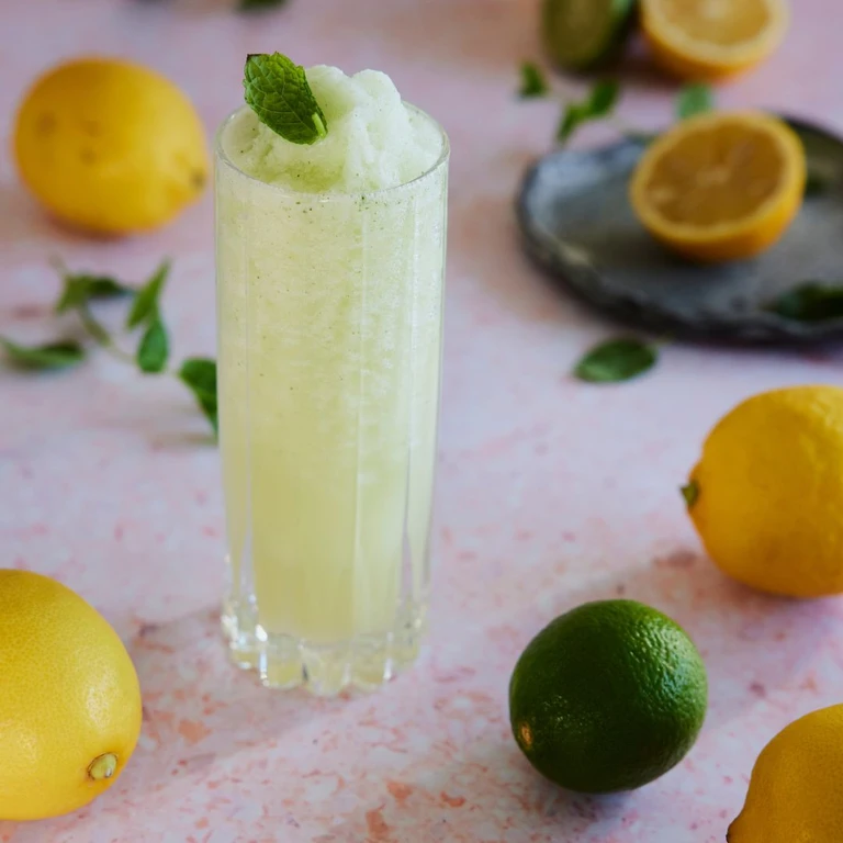 Refreshing lemon-lime slushie cocktail in tall glass topped with mint sorbet, surrounded by fresh lemons and limes on pink surface.