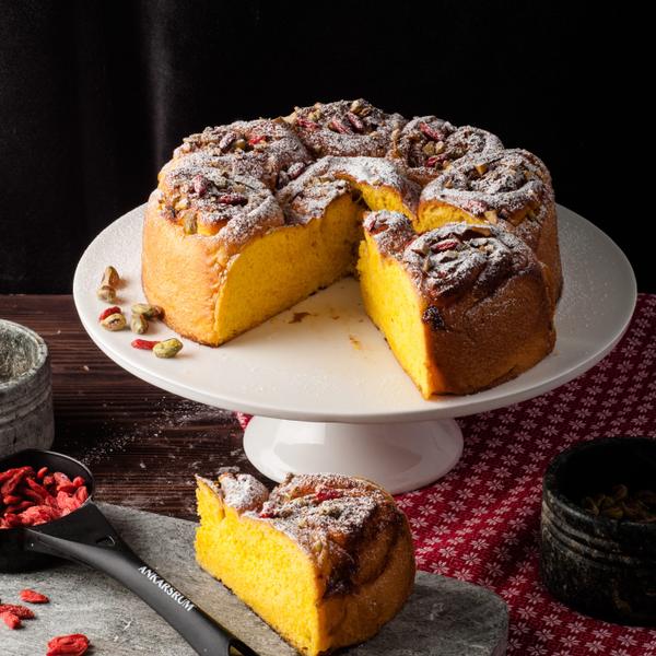 Try this beautiful saffron butter cake with white chocolate, pistachio nuts and wolf berries.