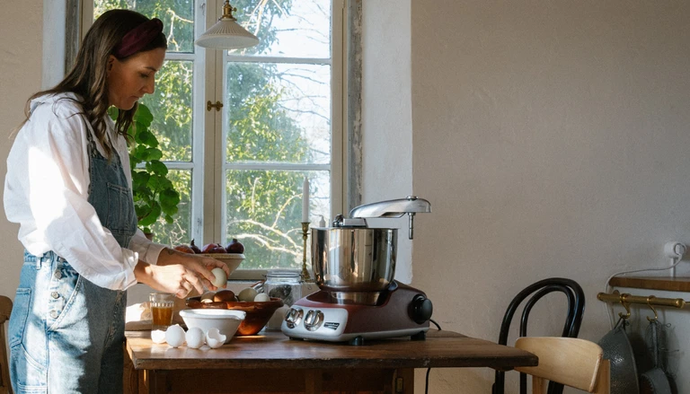 The iconic Ankarsrum Assistent Original stand mixer in action, featuring a unique rotating bowl design that provides professional-grade dough kneading for home bakers.