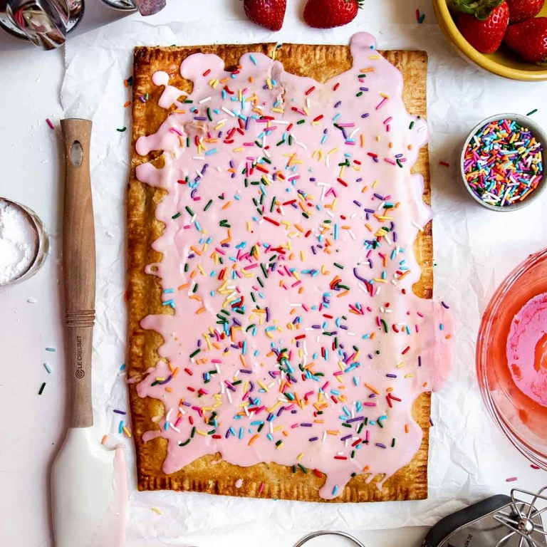 A large homemade strawberry pop-tart with pink glaze and colorful sprinkles, made with an Ankarsrum stand mixer.