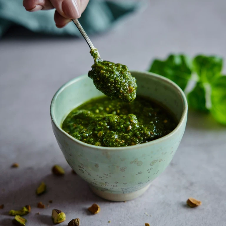 Fresh green pistachio pesto in a mint ceramic bowl, lifted by a spoon, with pistachios scattered around.