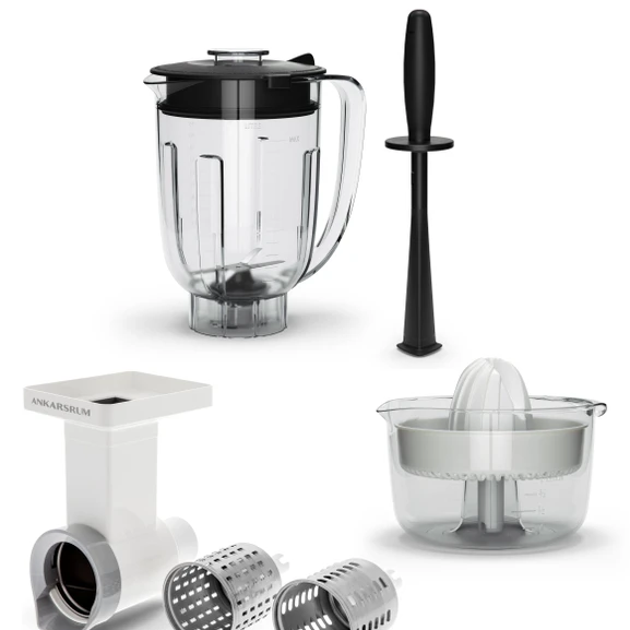 Ankarsrum Go Green Package includes Blender with Tamper, Vegetable Cutter and Citrus Press accessories.