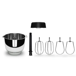 A photo of a stainless steel bowl and beater attachments on a white background.