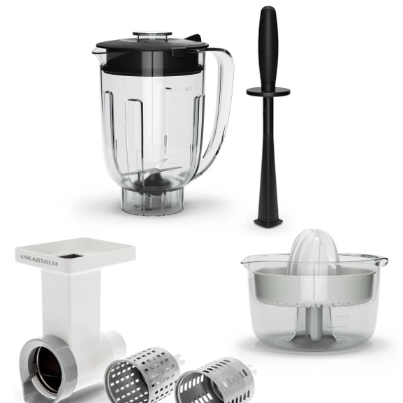 Ankarsrum Go Green Package innehåller tillbehören Blender med tamper, grönsaksskärare och citruspress.