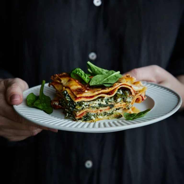 A colorful and enticing lasagna with layers of ricotta and spinach between pasta sheets.