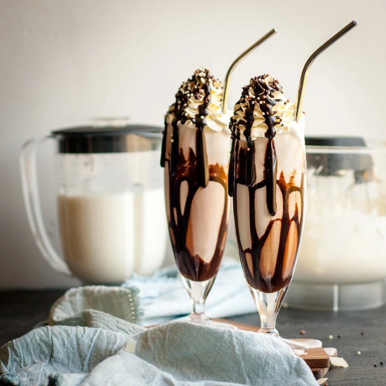 Two chocolate milkshakes with whipped cream and sprinkles in tall glasses, made with Ankarsrum stand mixer blenders in background.