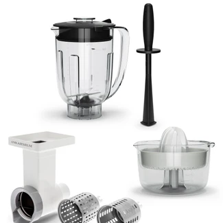 Ankarsrum Go Green Package includes Blender with Tamper, Vegetable Cutter and Citrus Press accessories.