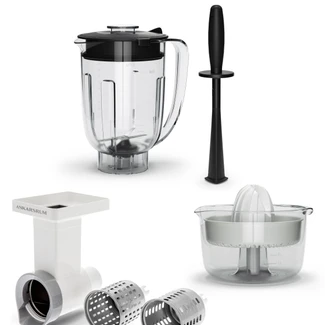 Ankarsrum Go Green Package innehåller tillbehören Blender med tamper, grönsaksskärare och citruspress.