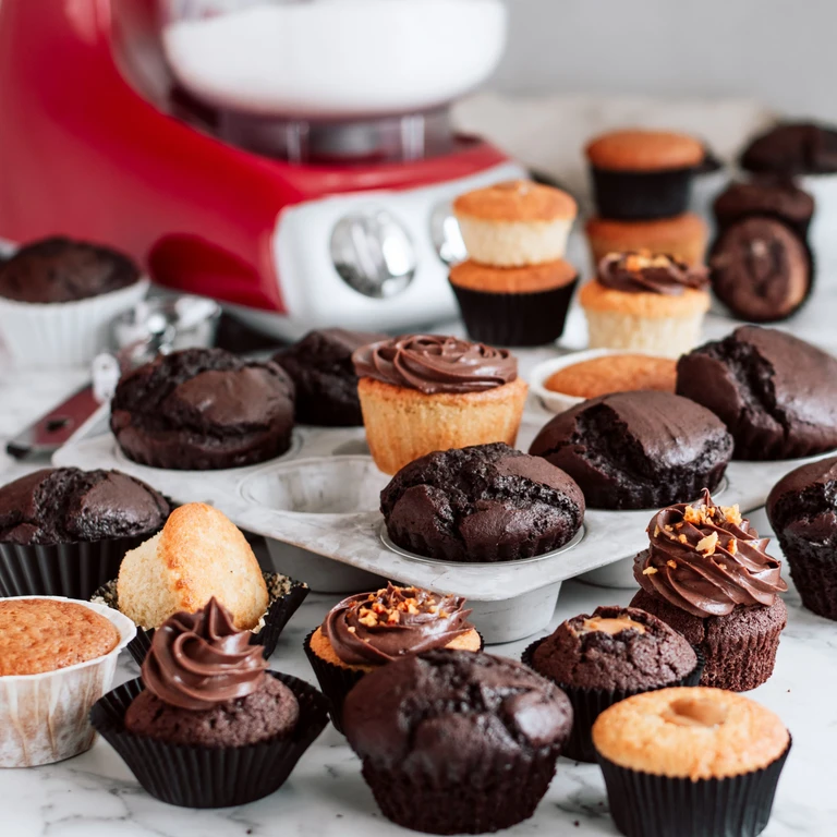 Assorted chocolate and vanilla cupcakes displayed around a red Ankarsrum stand mixer on a marble surface.