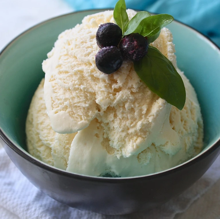 Creamy homemade vanilla ice cream in a teal bowl, topped with fresh blueberries and basil leaves, made with Ankarsrum mixer.