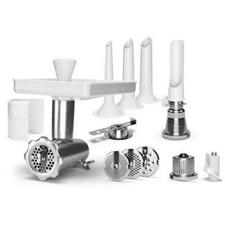 Ankarsrum meat grinder attachment set with sausage tubes, grinding plates, cookie press and stainless steel accessories for stand mixer.