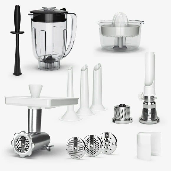 Mincer with Hole Discs & Sausage Horns, Strainer, Grater, Citrus Press and Blender with Tamper.