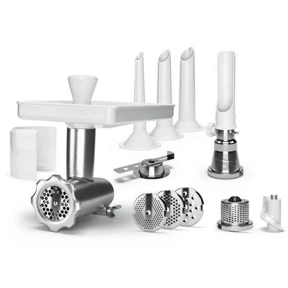 Ankarsrum meat grinder attachment set with sausage tubes, grinding plates, cookie press and stainless steel accessories for stand mixer.