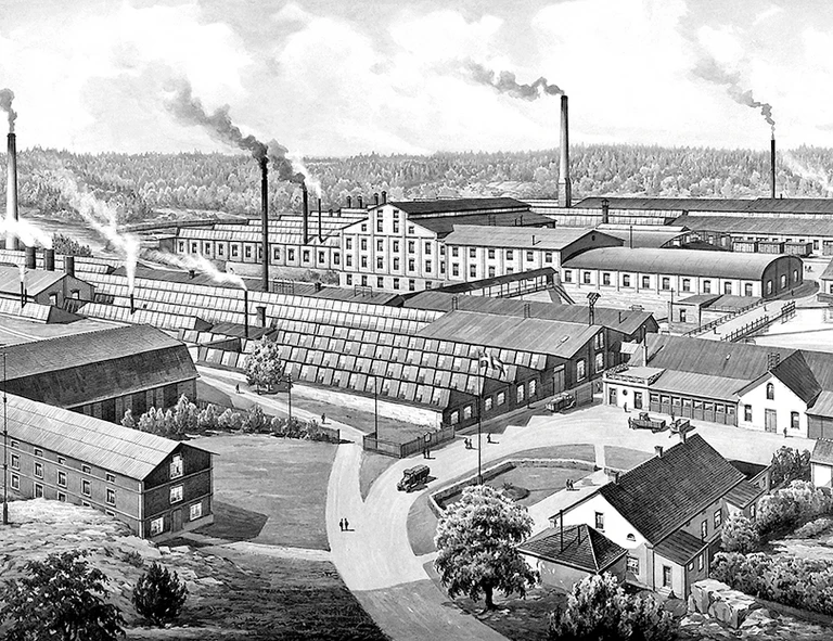 Historic illustration of Ankarsrum's original Swedish factory complex with smokestacks, representing the brand's industrial heritage.