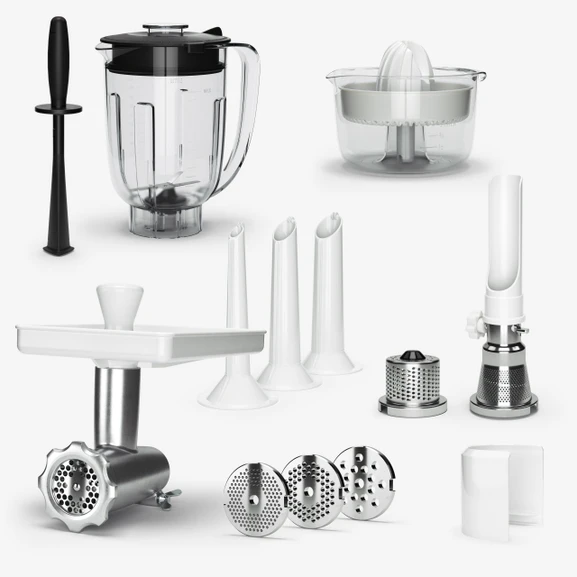 Mincer with Hole Discs & Sausage Horns, Strainer, Grater, Citrus Press and Blender with Tamper.