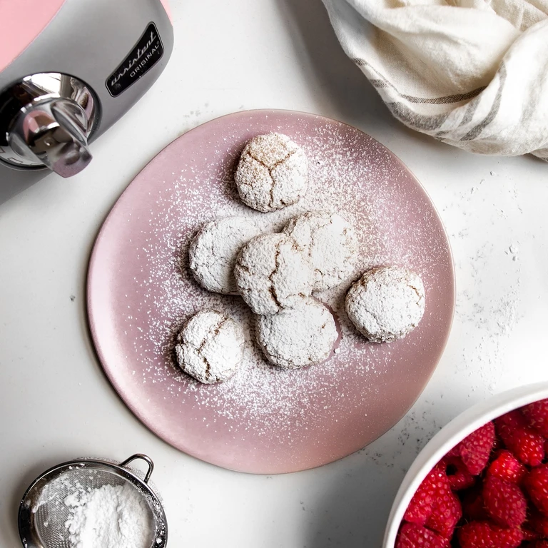 Powdered sugar crinkle cookies on a pink plate beside an Ankarsrum Original stand mixer and fresh raspberries.