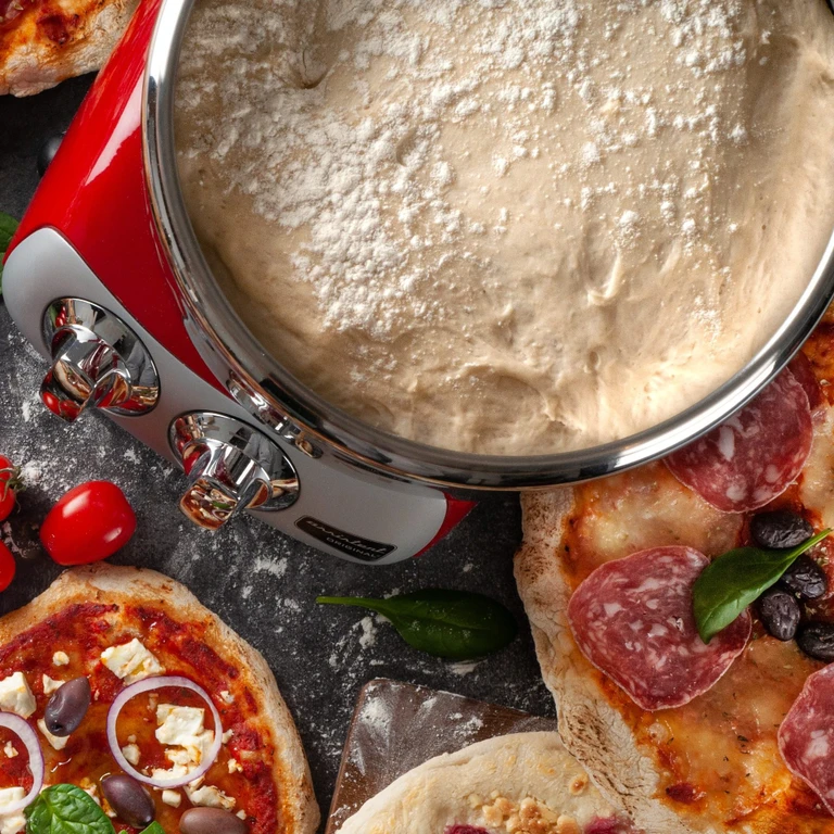 Ankarsrum Original red stand mixer bowl with risen pizza dough, surrounded by artisan pizzas with salami, olives, and feta.