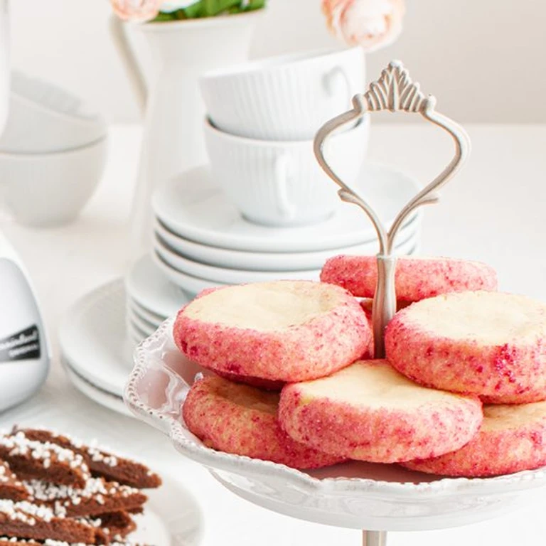 Pink sugar cookies on a white tiered cake stand, with stacked white teacups and saucers in the background.