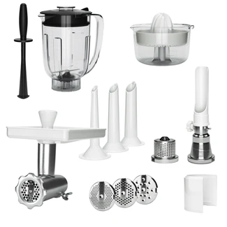 Ankarsrum stand mixer accessories including blender jar, citrus juicer, meat grinder, sausage stuffers, grinding discs, and scraper tool.