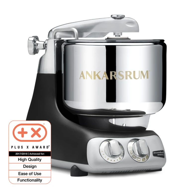 Ankarsrum Original stand mixer in black with chrome bowl, awarded Plus X Award 2017/2018 for Quality, Design & Functionality.