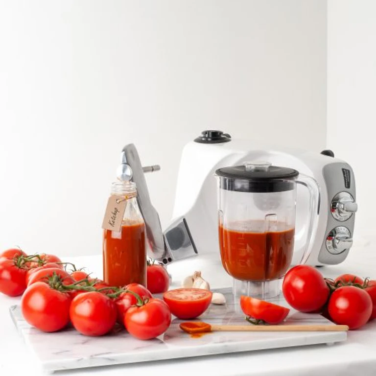 Ankarsrum stand mixer with blender attachment filled with tomato sauce, fresh tomatoes, garlic, and a labeled ketchup bottle.